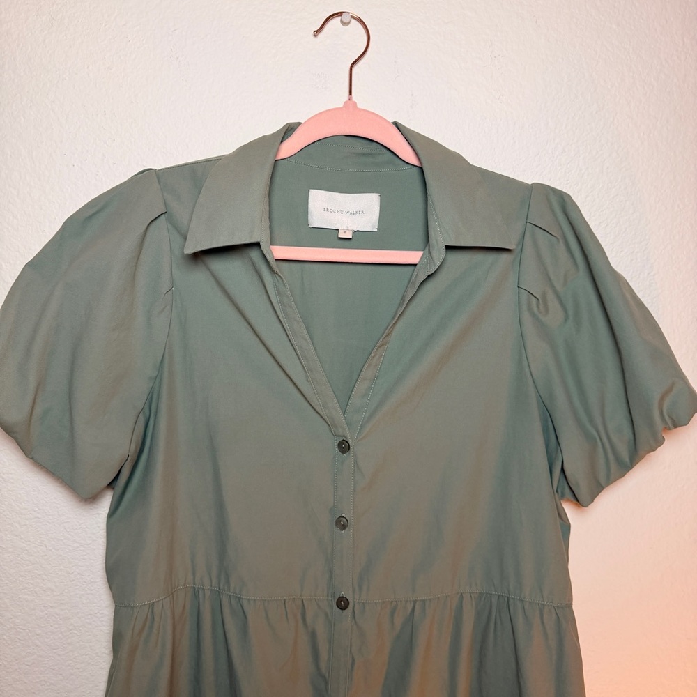 Brochu Walker Olive Green Wool Dress L Button Pockets Quiet Luxury Minimimalist - Picture 3 of 15